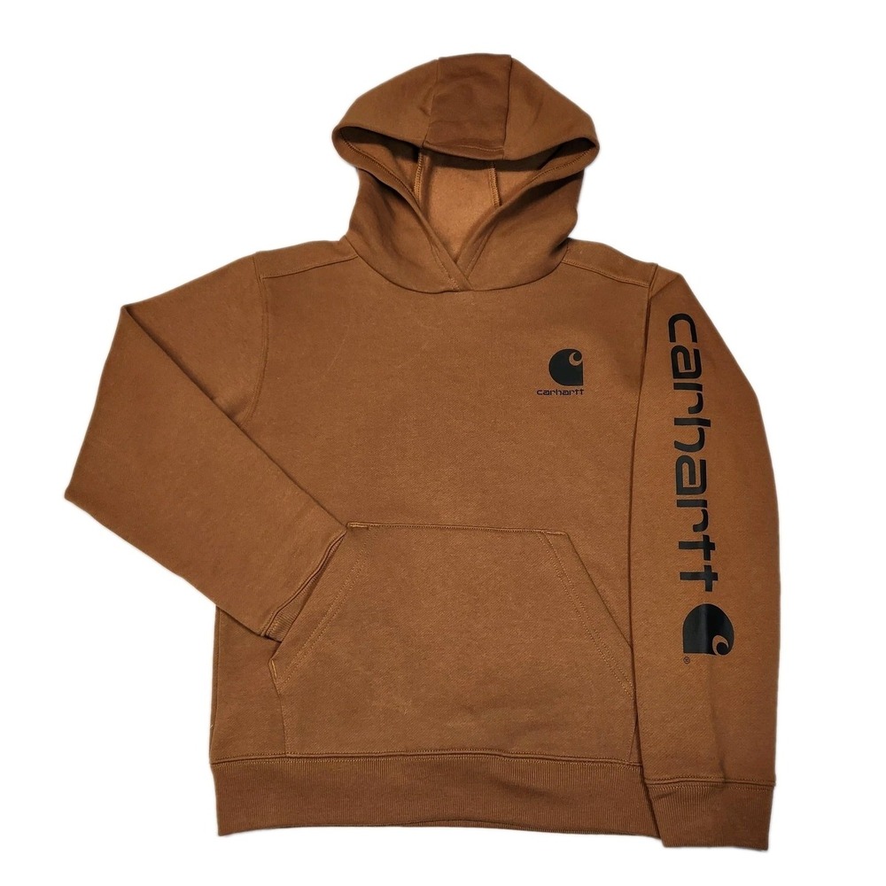 Carhartt Boys Medium 10-12 Brown Hoodie Logo Sleeve Pullover Fleece EUC TS6272-B